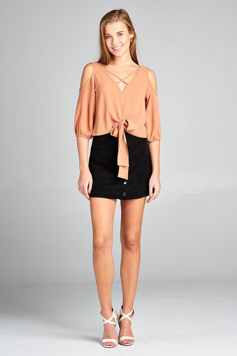 Crossed Plunge V-Neck Blouse