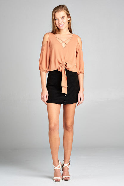 Crossed Plunge V-Neck Blouse